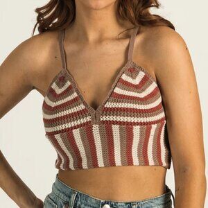 Harlow Alexis Crochet Crop Tank Top Boho Bralette Brown Cream Women's Small